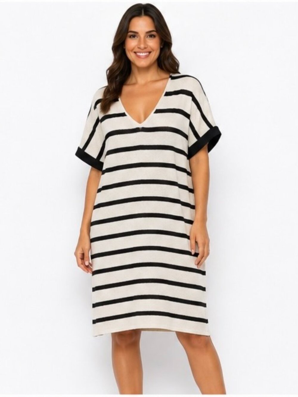 ZARA Women’s Striped Knit Dress Black Cream V Neck Short Sleeve Midi Maxi Large